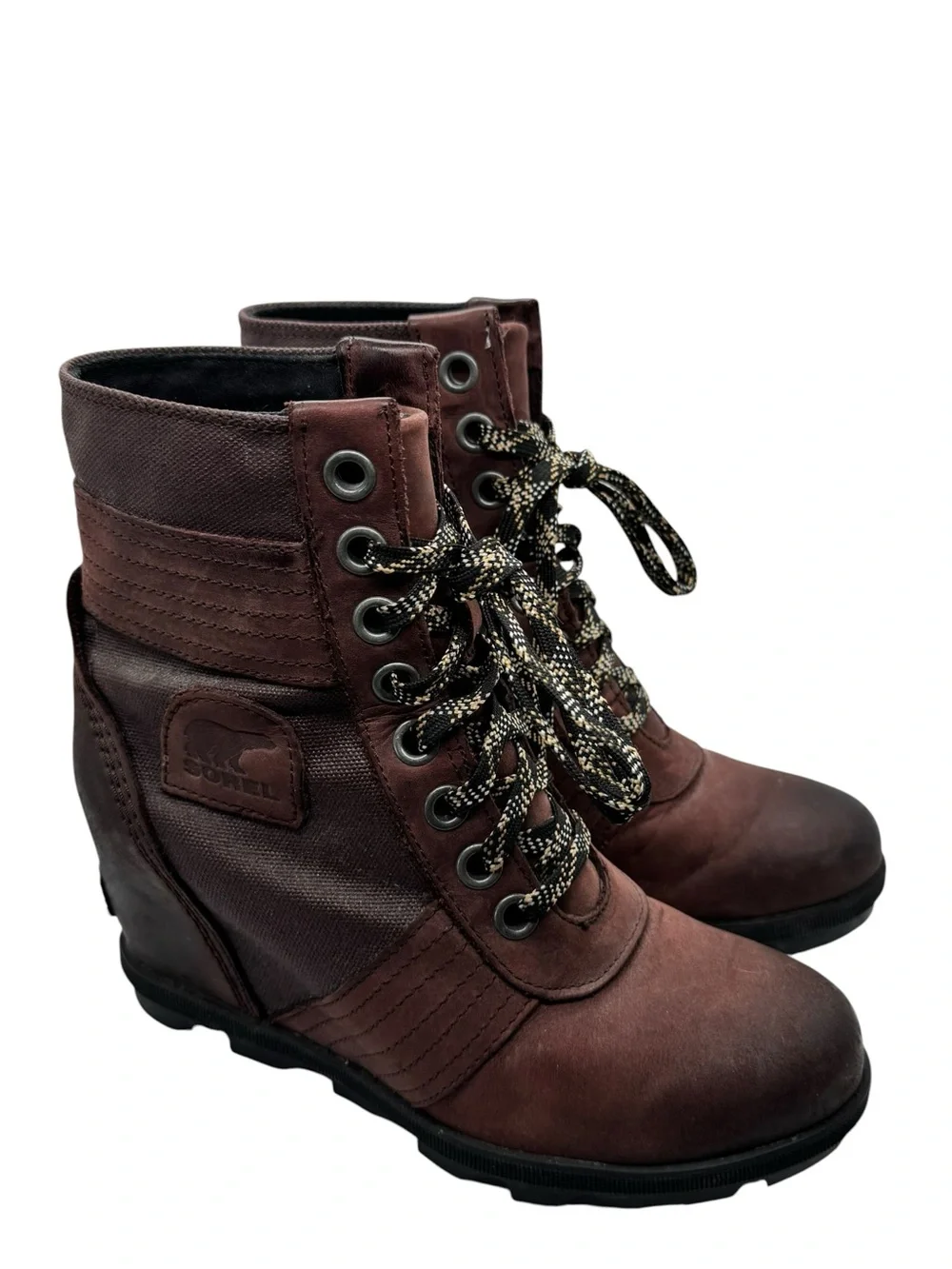 Sorel Women's Lexie Wedge Leather Boots NL3046-908 Cattail Brown Burgundy Sz 7.5